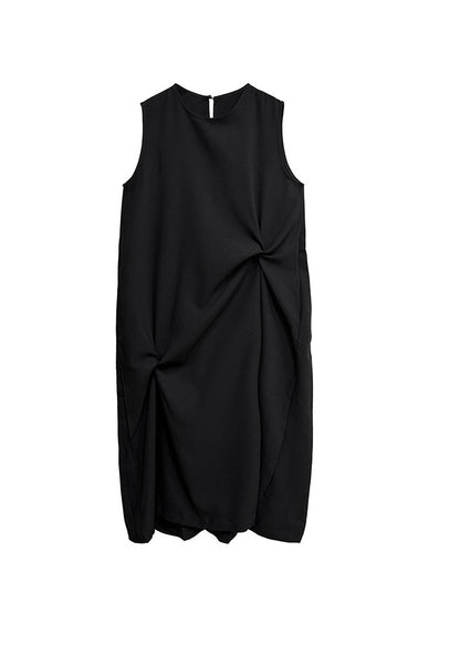 Casual Black O Neck Wrinkled Patchwork Cotton Long Dress Summer