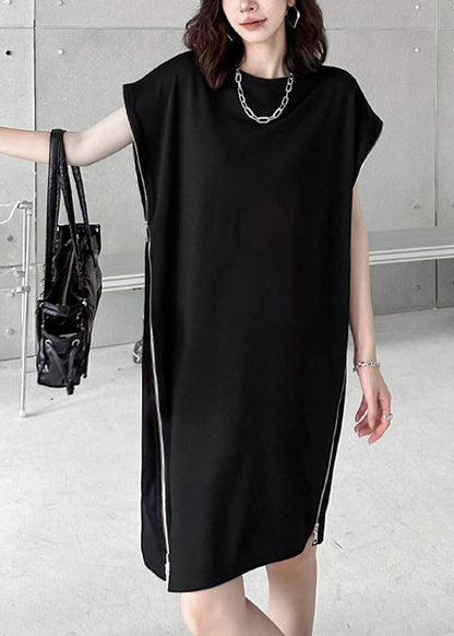 Casual Black O-Neck Zip Up Patchwork Cotton Dresses Summer