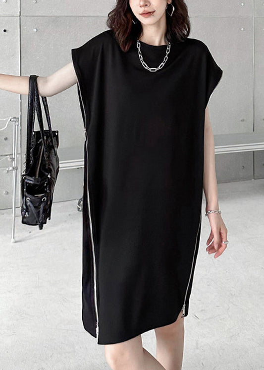Casual Black O-Neck Zip Up Patchwork Cotton Dresses Summer