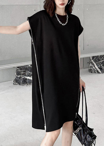 Casual Black O-Neck Zip Up Patchwork Cotton Dresses Summer