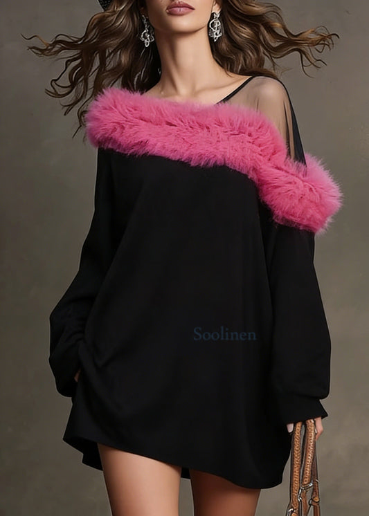 Casual Black One Shoulder Patchwork Faux Fur Mini Dresses Spring