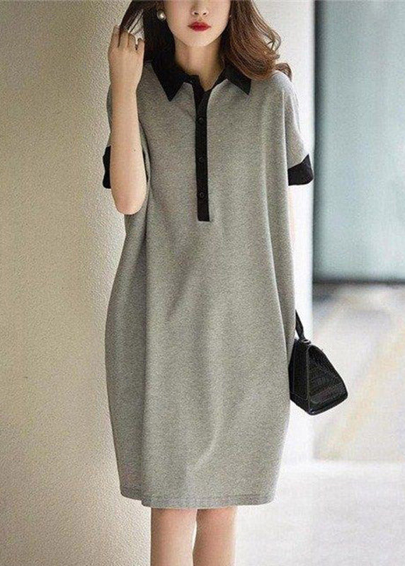 Casual Print3 Peter Pan Collar Button Cotton Maxi Dresses Short Sleeve
