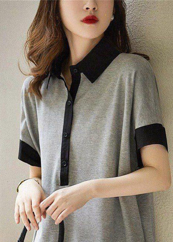 Casual Print3 Peter Pan Collar Button Cotton Maxi Dresses Short Sleeve