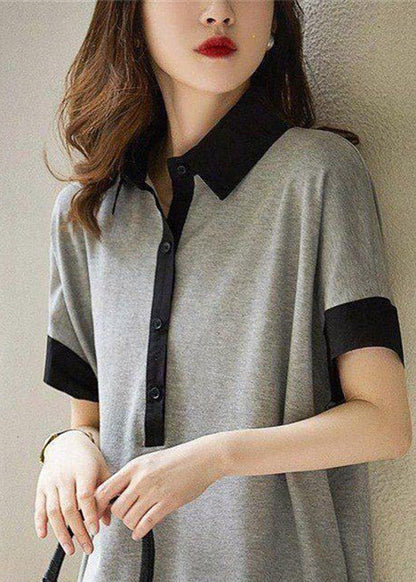 Casual Print3 Peter Pan Collar Button Cotton Maxi Dresses Short Sleeve
