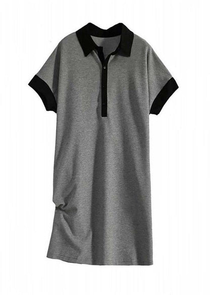 Casual Print3 Peter Pan Collar Button Cotton Maxi Dresses Short Sleeve