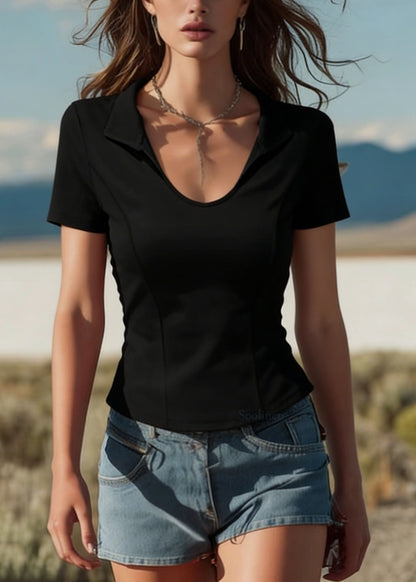 Casual Black Peter Pan Collar Patchwork Cotton Top Summer