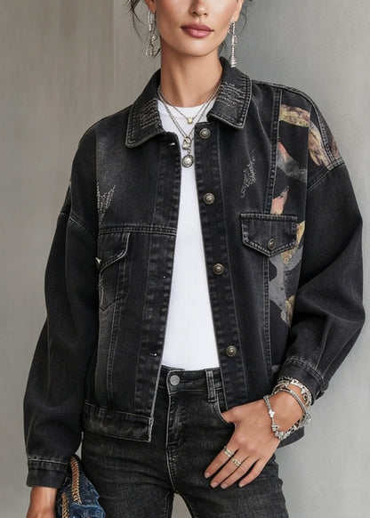Casual Black Peter Pan Collar Pockets Print Denim Jackets Spring