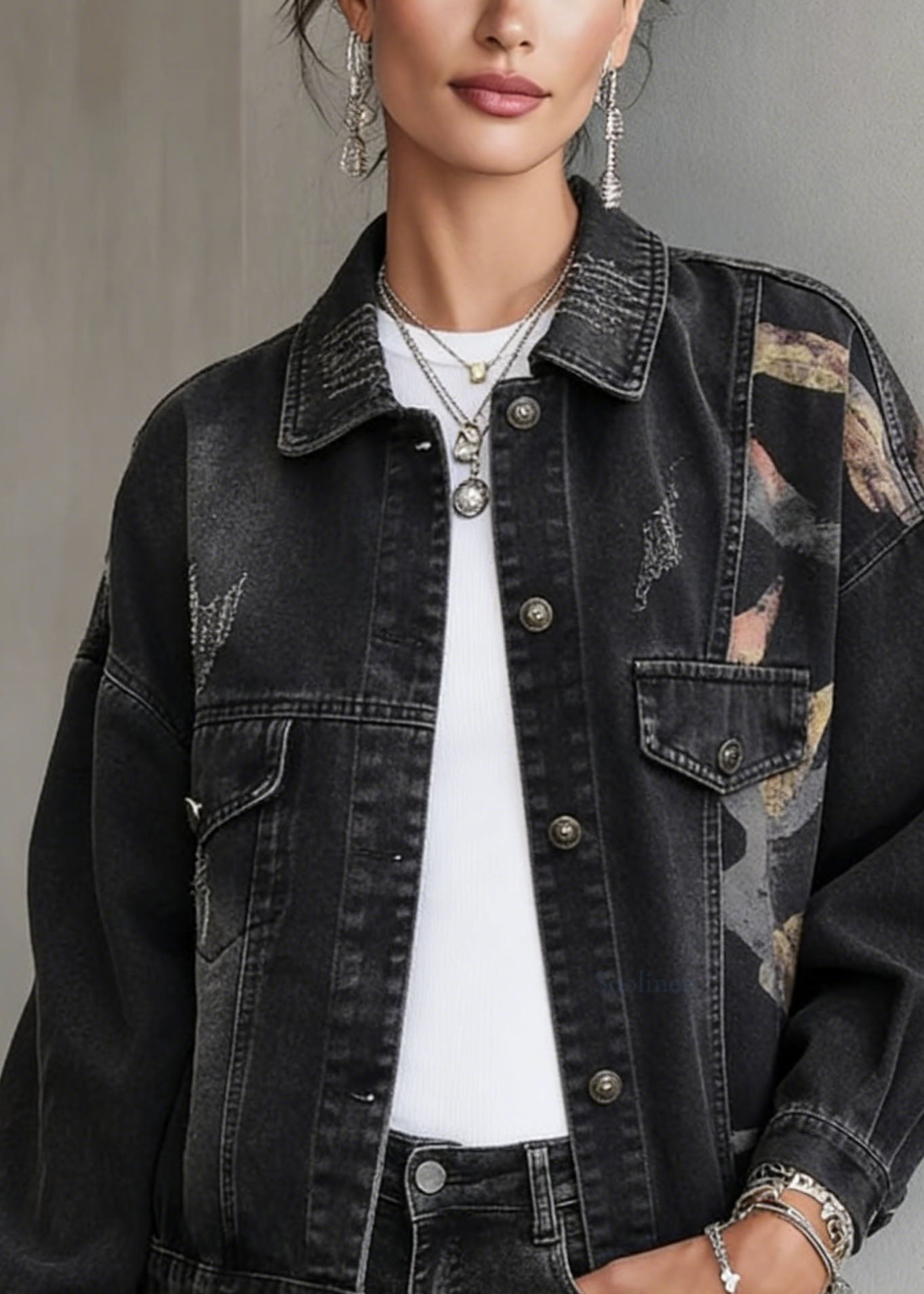 Casual Black Peter Pan Collar Pockets Print Denim Jackets Spring