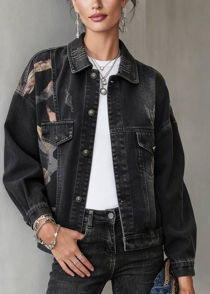 Casual Black Peter Pan Collar Pockets Print Denim Jackets Spring