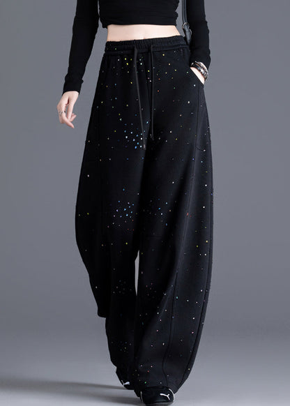 Casual Black Pockets Print Elastic Waist Denim Pants Spring