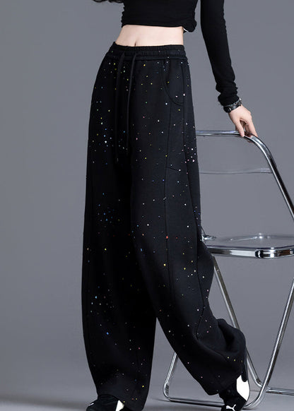 Casual Black Pockets Print Elastic Waist Denim Pants Spring