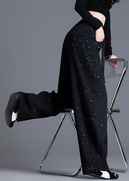 Casual Black Pockets Print Elastic Waist Denim Pants Spring