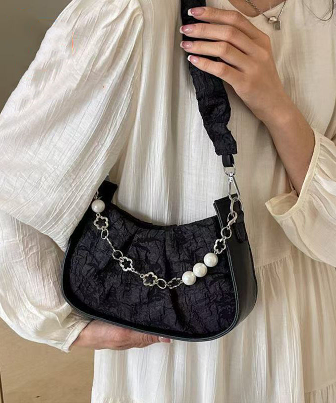 Casual Black Wrinkled Pearl Chain Linked Faux Leather Micro Bag