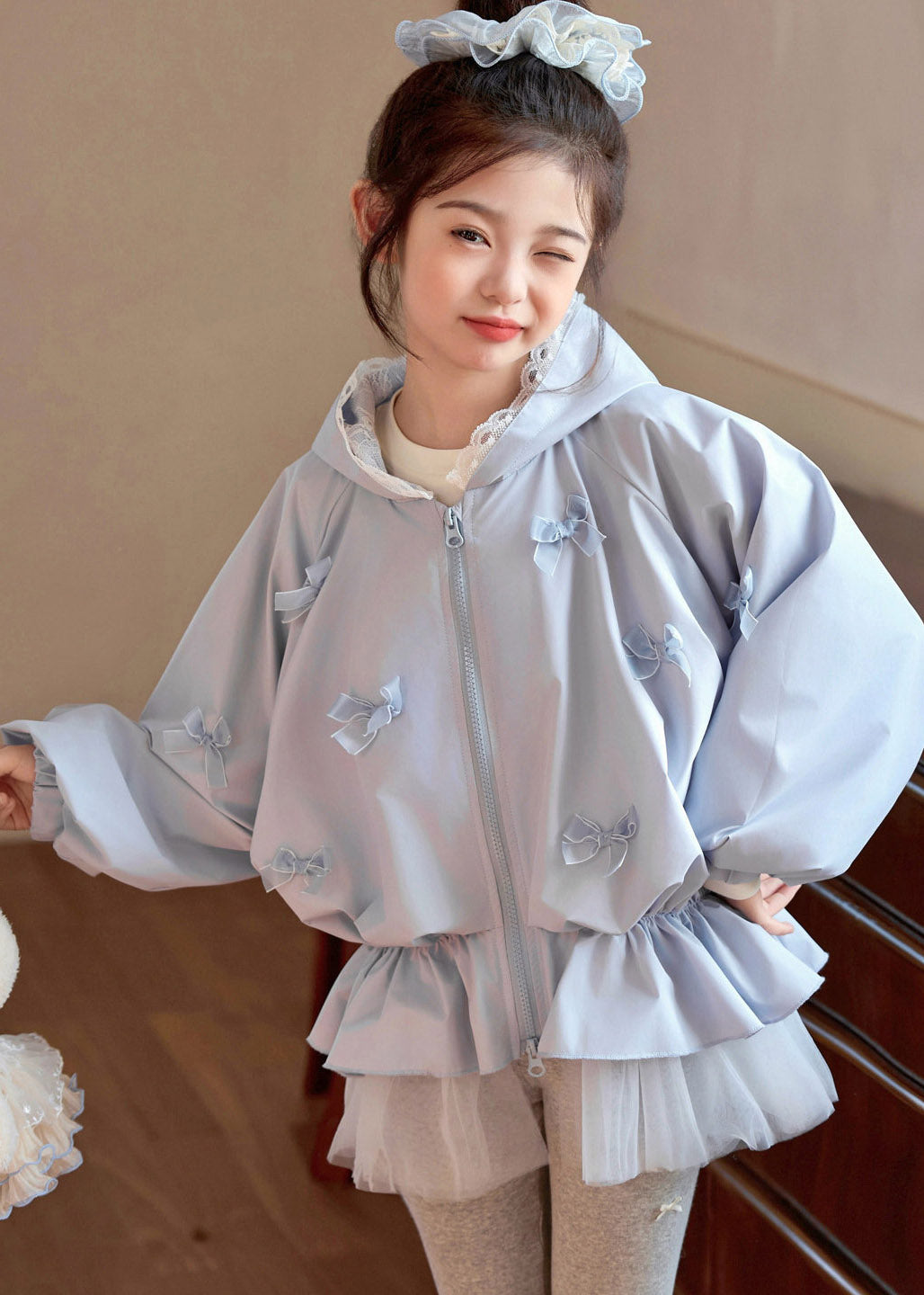 Casual Blue Bow Zippered Wrinkled Girls Hooded Coats Spring