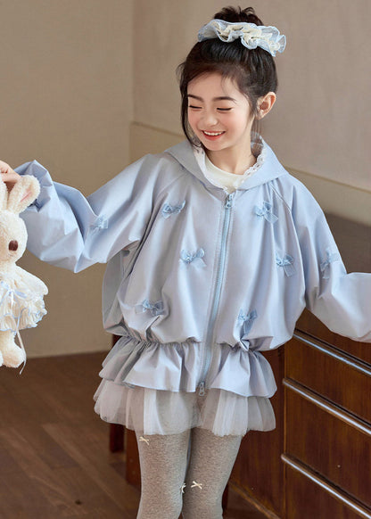 Casual Blue Bow Zippered Wrinkled Girls Hooded Coats Spring