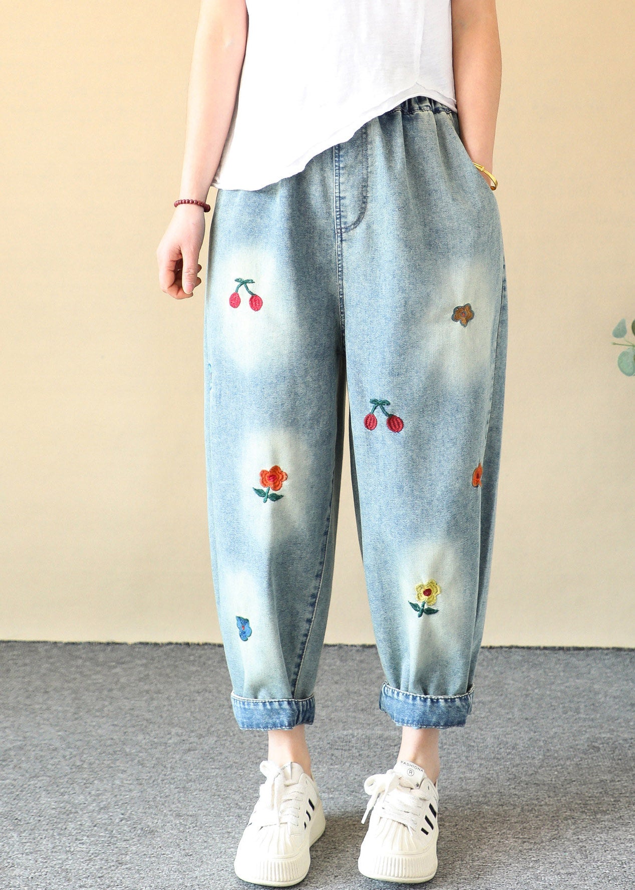 Casual Blue Cherry Embroidered Elastic Waist Crop Harem Jeans Summer