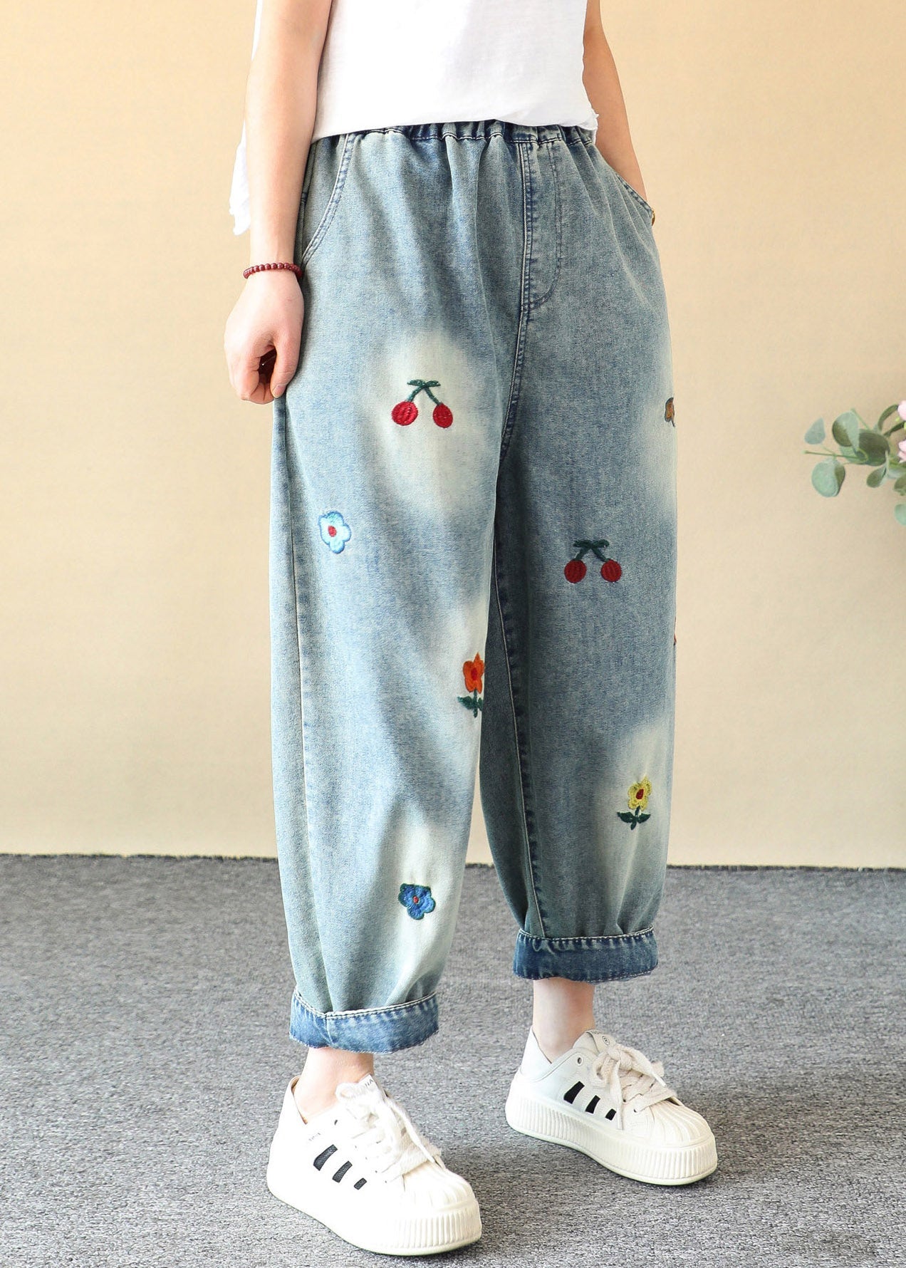 Casual Blue Cherry Embroidered Elastic Waist Crop Harem Jeans Summer