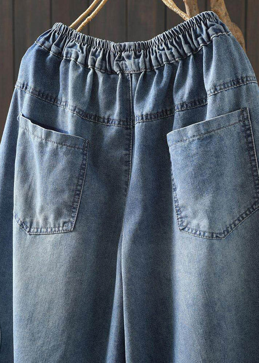 Casual Blue Graphic Patchwork Elastic Waist Crop Jeans
