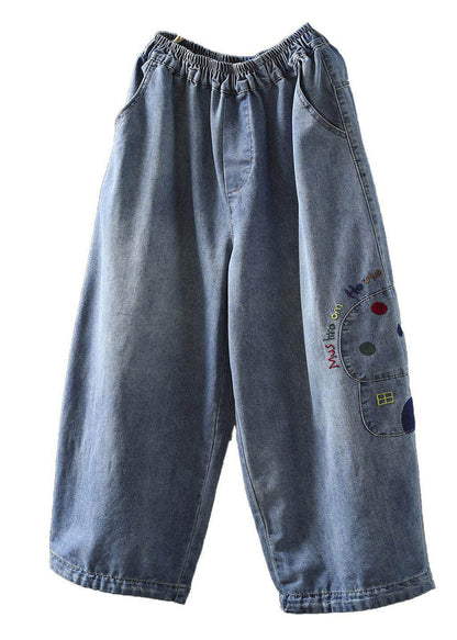 Casual Blue Graphic Patchwork Elastic Waist Crop Jeans