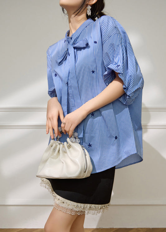 Casual Blue Plaid Bow Button Shirts Half Sleeve