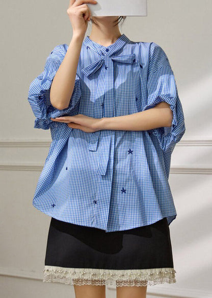 Casual Blue Plaid Bow Button Shirts Half Sleeve