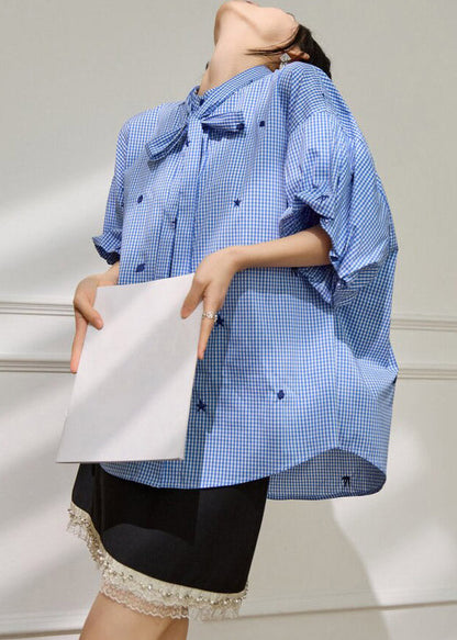 Casual Blue Plaid Bow Button Shirts Half Sleeve