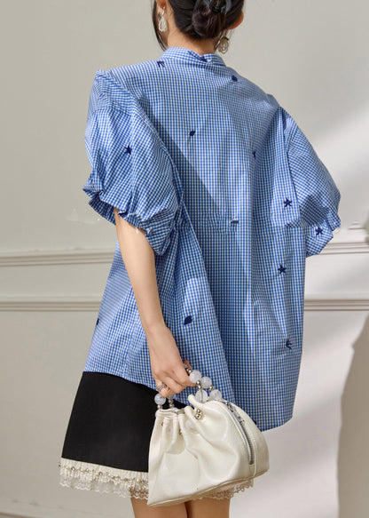 Casual Blue Plaid Bow Button Shirts Half Sleeve