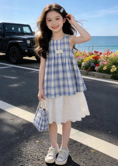 Casual Blue Plaid Patchwork Lace Kids Girls A Line Dress Summer