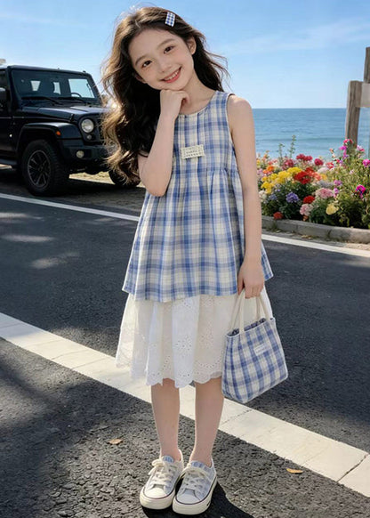 Casual Blue Plaid Patchwork Lace Kids Girls A Line Dress Summer