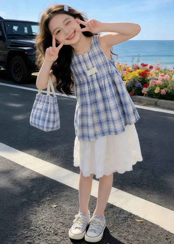 Casual Blue Plaid Patchwork Lace Kids Girls A Line Dress Summer