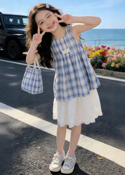 Casual Blue Plaid Patchwork Lace Kids Girls A Line Dress Summer