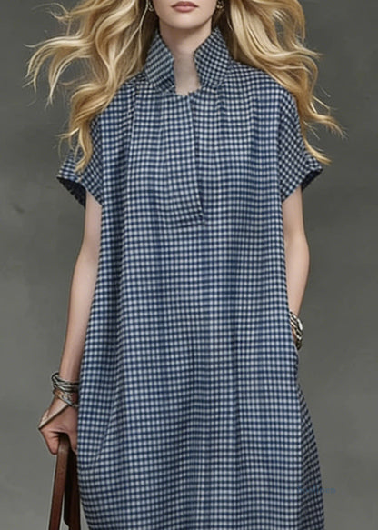 Casual Blue Plaid Pockets Cotton Maxi Dresses Summer