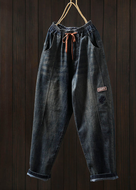 Casual Blue Pockets Elastic Waist Patchwork Denim Harem Pants Spring