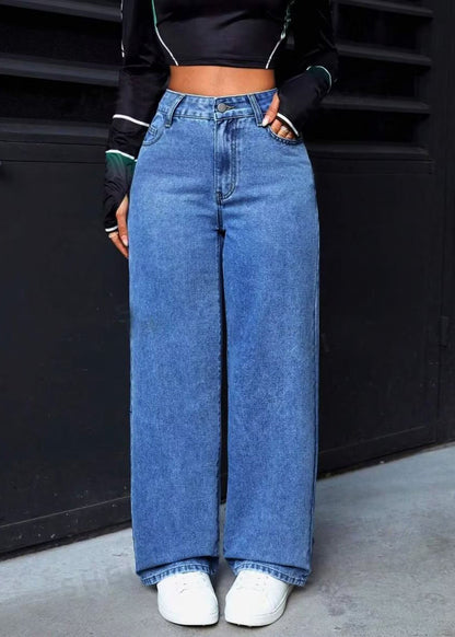Casual Blue Pockets Patchwork Straight Jeans Fall