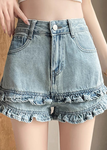 Casual Blue Ruffled Patchwork Denim Shorts Summer