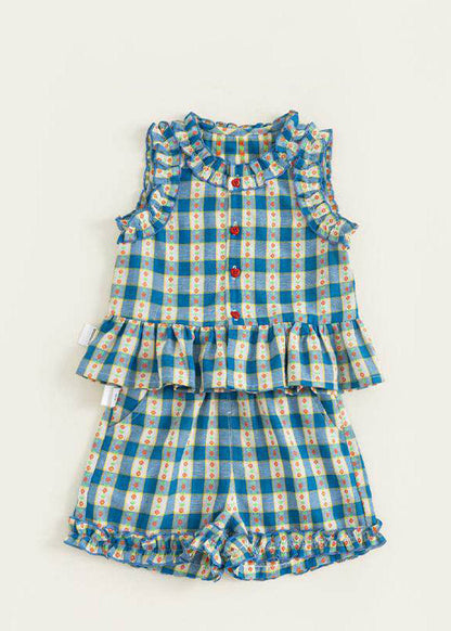 Casual Blue Ruffled Print Kids Vest And Shorts Two Pieces Set Sleeveless