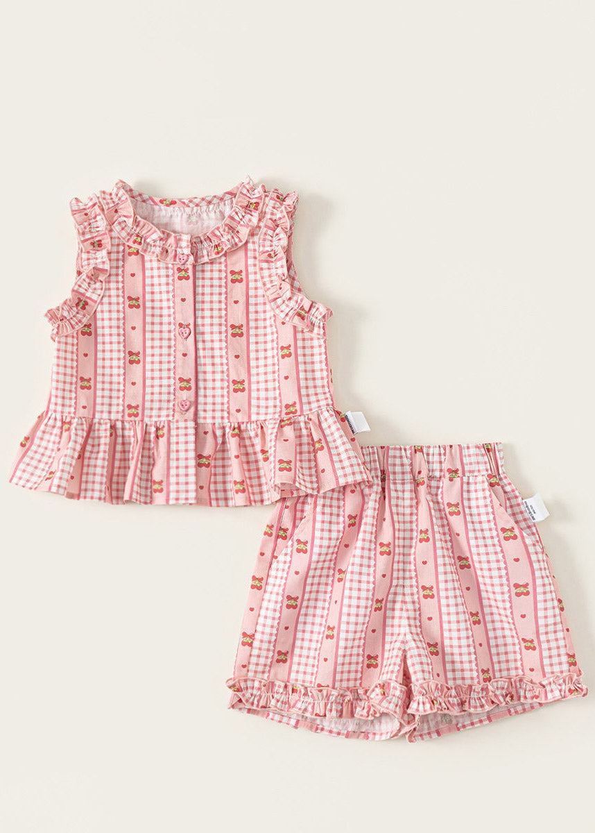 Casual Blue Ruffled Print Kids Vest And Shorts Two Pieces Set Sleeveless