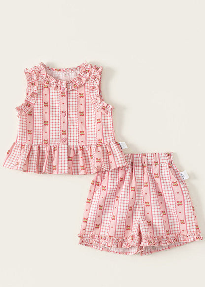 Casual Blue Ruffled Print Kids Vest And Shorts Two Pieces Set Sleeveless