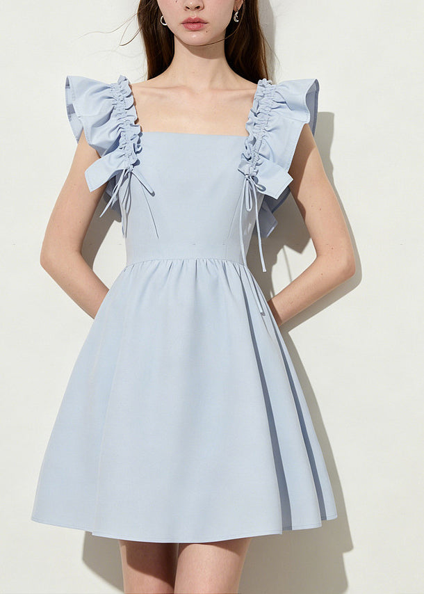 Casual Blue Square Collar Cotton Mini Dress Butterfly Sleeve