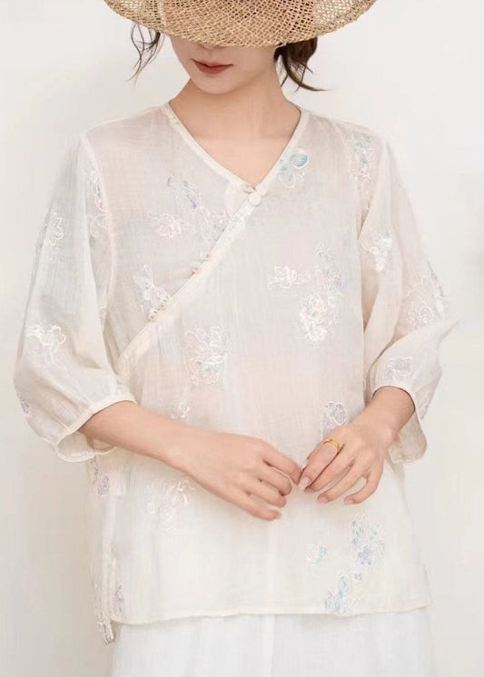 Casual Blue V Neck Embroidered Linen T Shirt Tops Summer