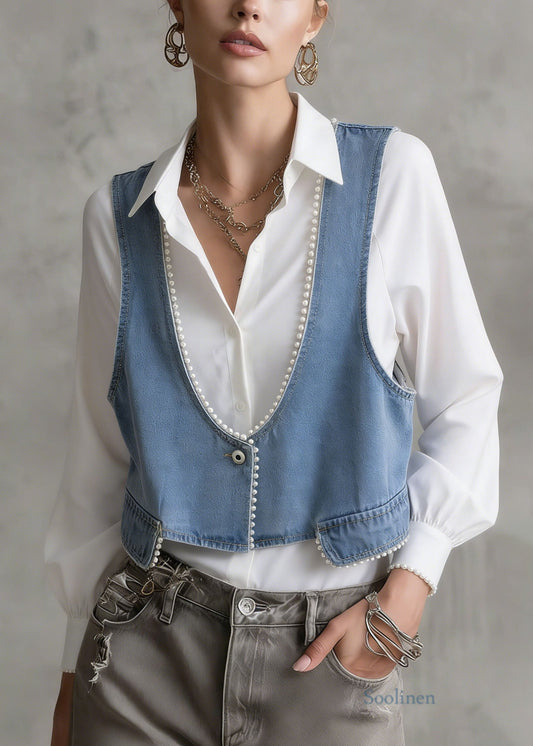 Casual Blue V Neck Pearl Edge Patchwork Denim Vest Sleeveless