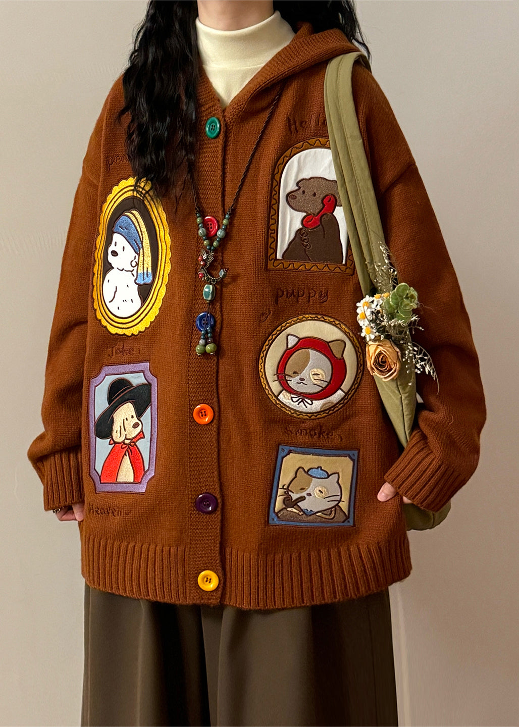 Casual Brown Hooded Applique Button Knit Coats Spring