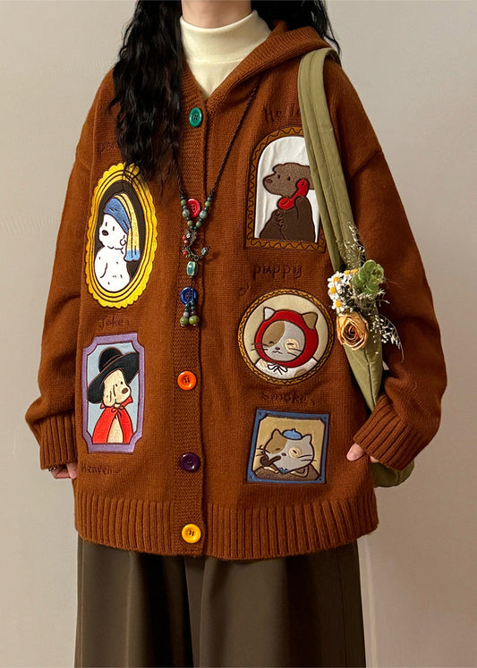 Casual Brown Hooded Applique Button Knit Coats Spring
