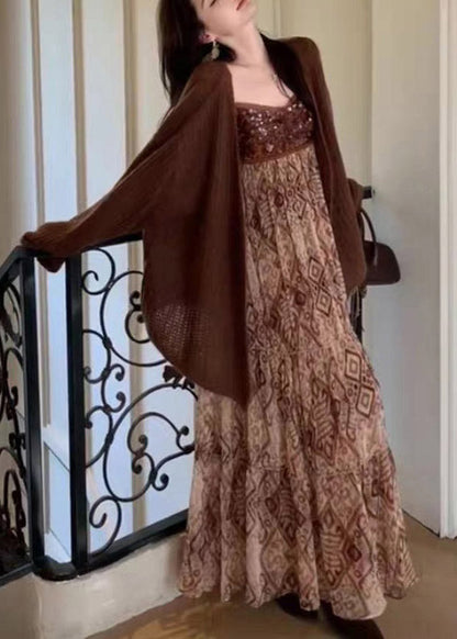 Casual Brown V Neck Knit Cardigans And Long Spaghetti Strap Dress Two Piece Set Spring