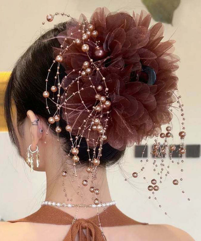 Casual Coffee Alloy Tulle Pearl Feather Tassel Hairpin