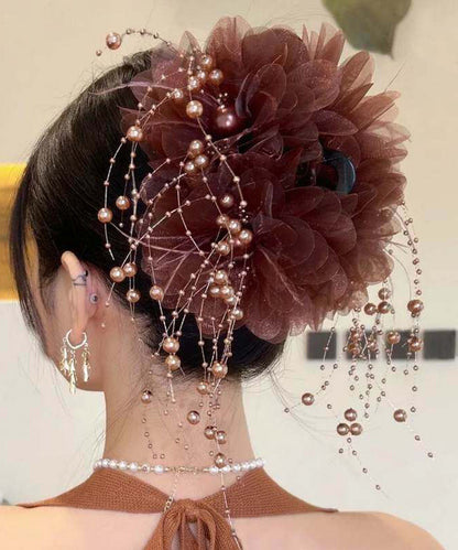 Casual Coffee Alloy Tulle Pearl Feather Tassel Hairpin