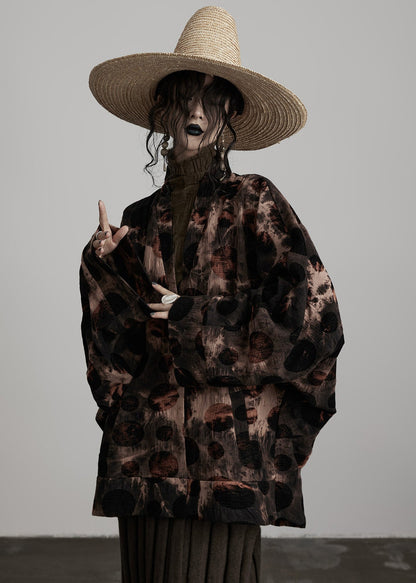 Casual Coffee V Neck Button Tie Dye Cotton Coats Spring