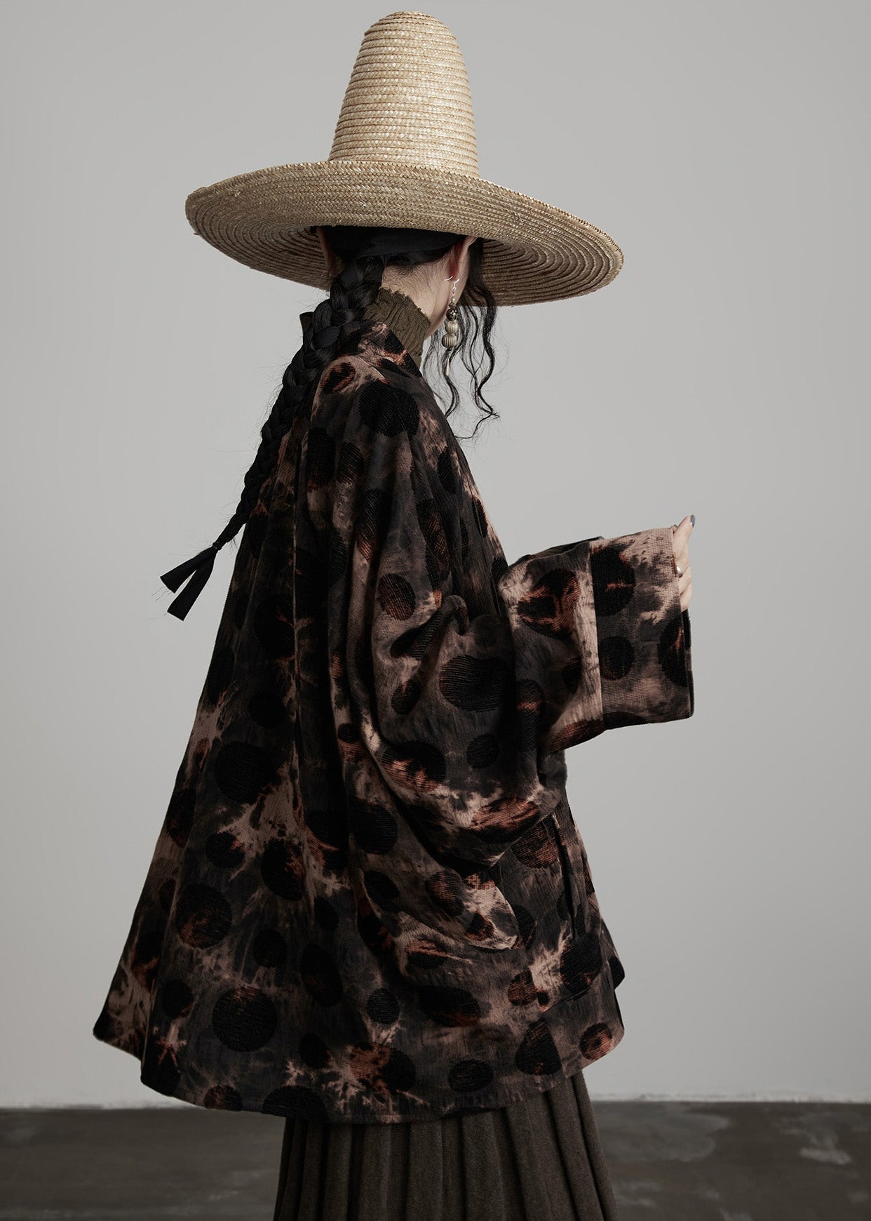 Casual Coffee V Neck Button Tie Dye Cotton Coats Spring