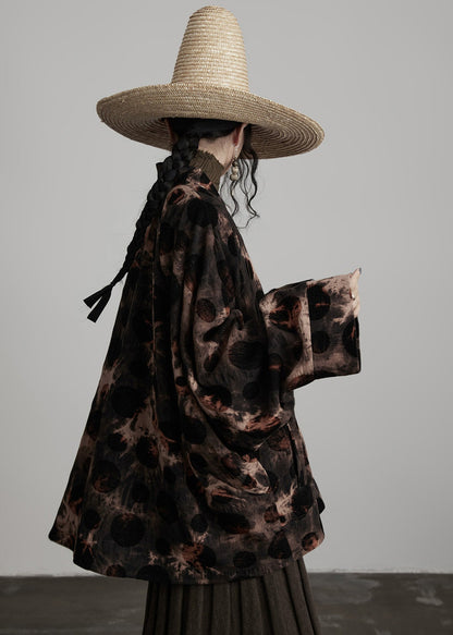 Casual Coffee V Neck Button Tie Dye Cotton Coats Spring