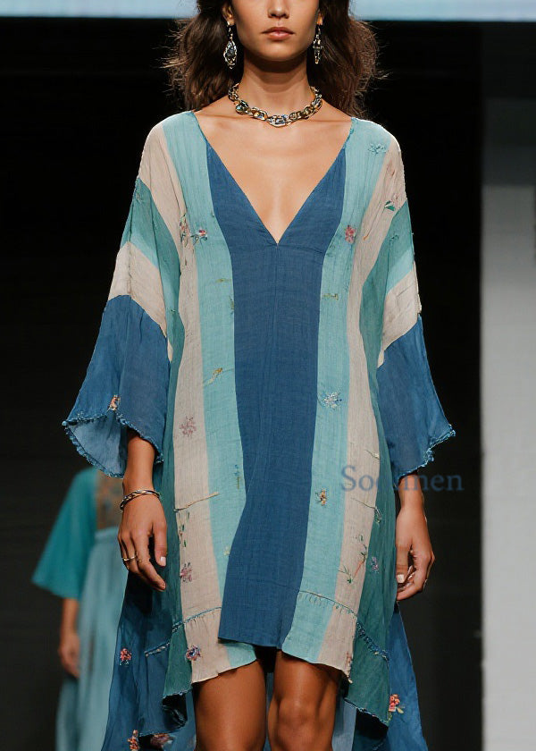 Casual Colorblock V Neck Floral Asymmetrical Cotton Dress Spring